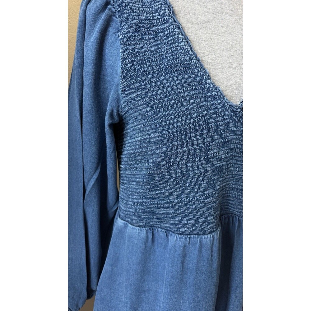 Old Navy Women's Dark Wash Blue V-Neck Smocked Bodice Long Sleeve Midi Dress - Picture 9 of 10